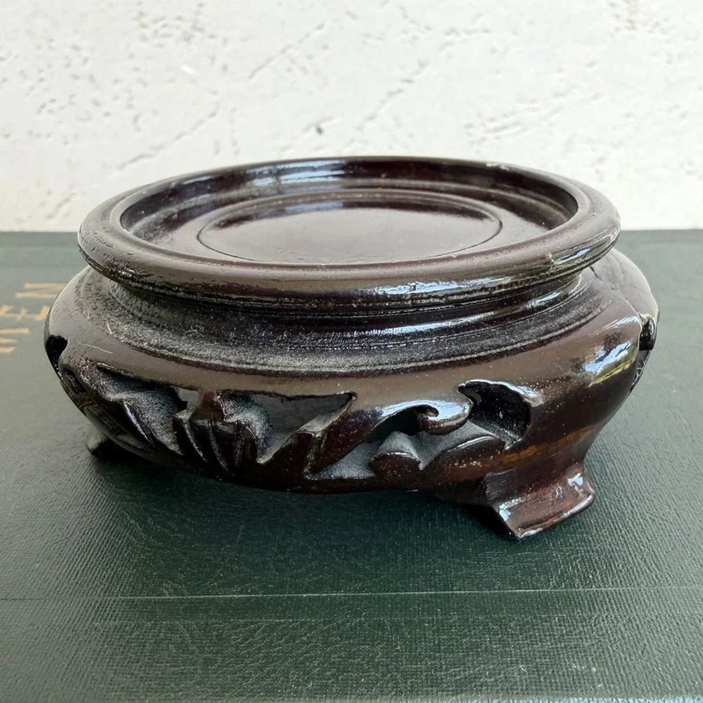 Vintage Carved Wood Display Stand Dark Brown Asian Vase Pedestal Base 2.75 Inch